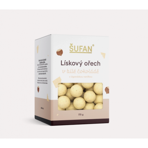 LÍSKOVÝ OŘECH V BÍLÉ ČOKOLÁDĚ S UGANDSKOU VANILKOU (170 g) Šufan
