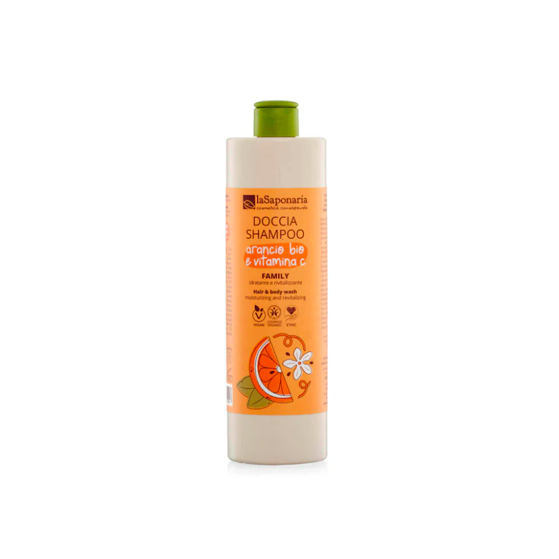 SPRCHOVÝ GEL A ŠAMPON 2V1 S BIO POMERANČEM A VITAMINEM C PRO CELOU RODINU (500 ml) laSaponaria