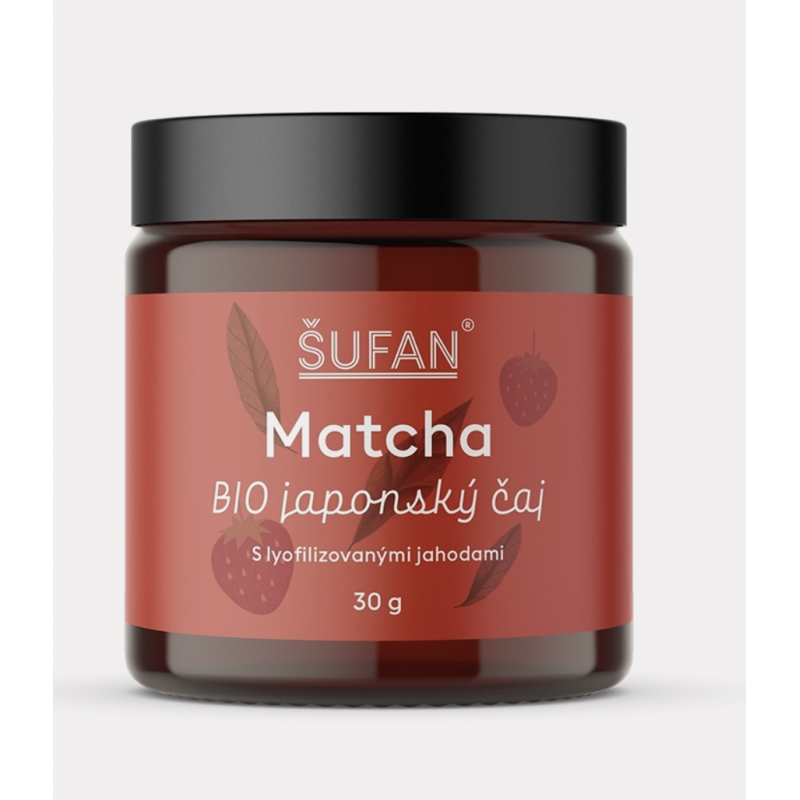 BIO JAPONSKÝ ČAJ MATCHA S LYOFILIZOVANÝMI JAHODAMI (30 g) Šufan