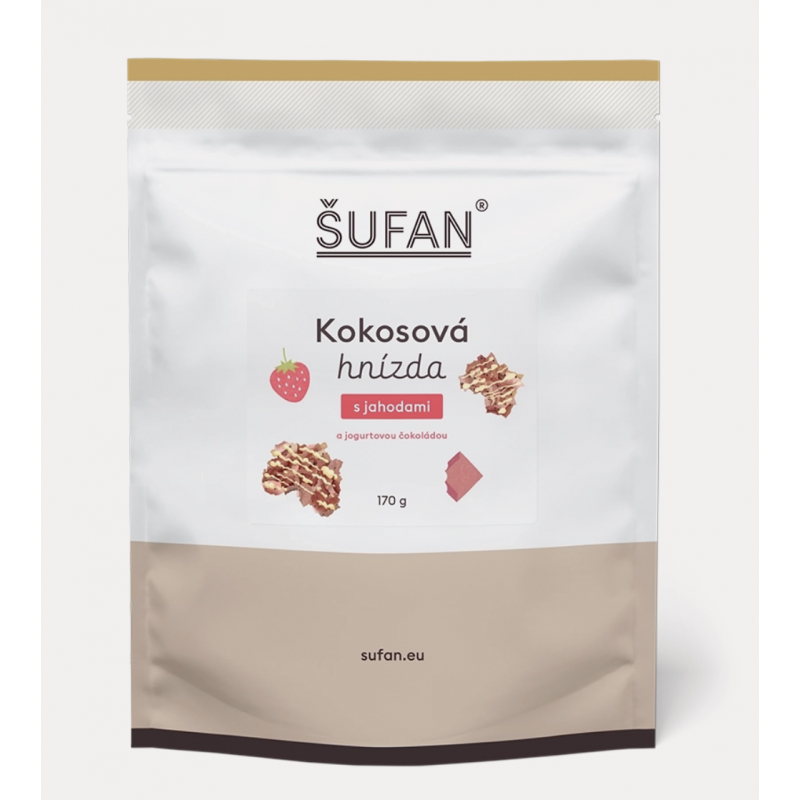 KOKOSOVÁ HNÍZDA S JAHODAMI A JOGURTOVOU ČOKOLÁDOU (170 g) Šufan